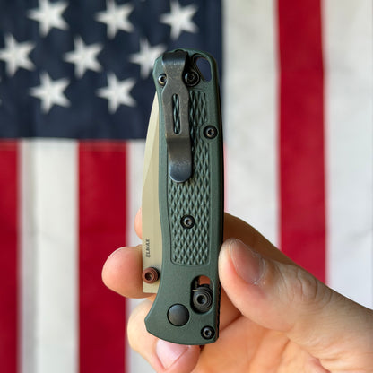 The Back Door: Demo - Benchmade Mini Bugout 533TN-2601 2.82" Drop Point, Elmax Tan Cerakote, Taiga Green Grivory, AXIS Lock - Made in USA