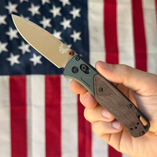 Benchmade Bugout - S90V, Brown Canvas Micarta, Taiga Green Bolsters - Made in USA (535FE-2602)