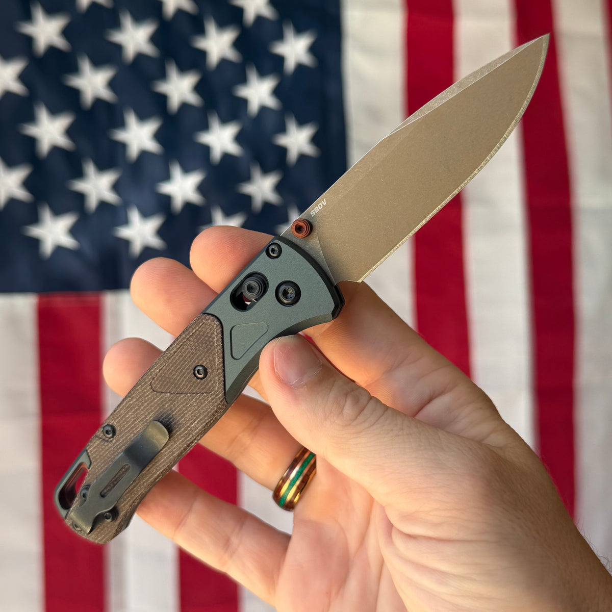 Benchmade Bugout - S90V, Brown Canvas Micarta, Taiga Green Bolsters - Made in USA (535FE-2602)