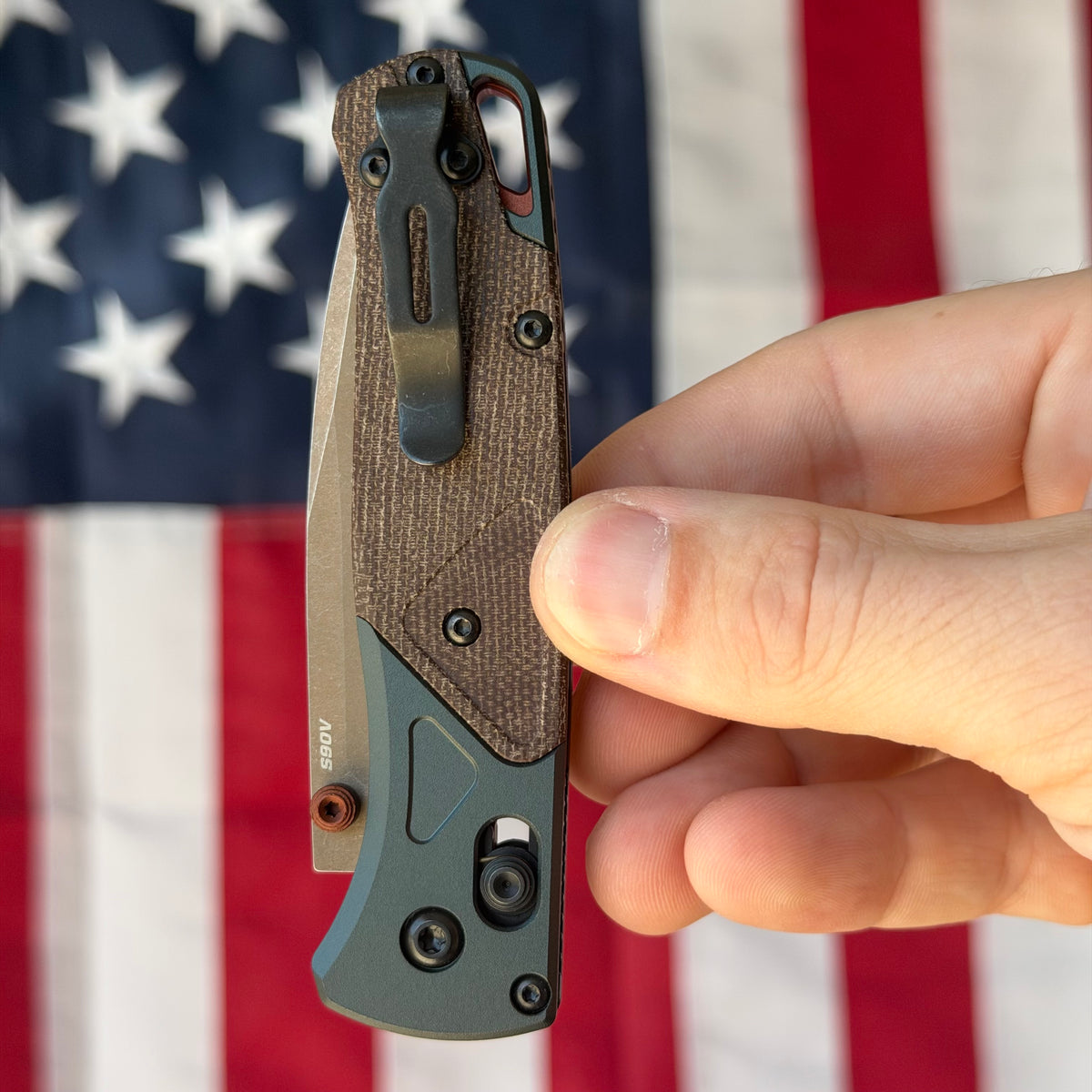 Benchmade Bugout - S90V, Brown Canvas Micarta, Taiga Green Bolsters - Made in USA (535FE-2602)