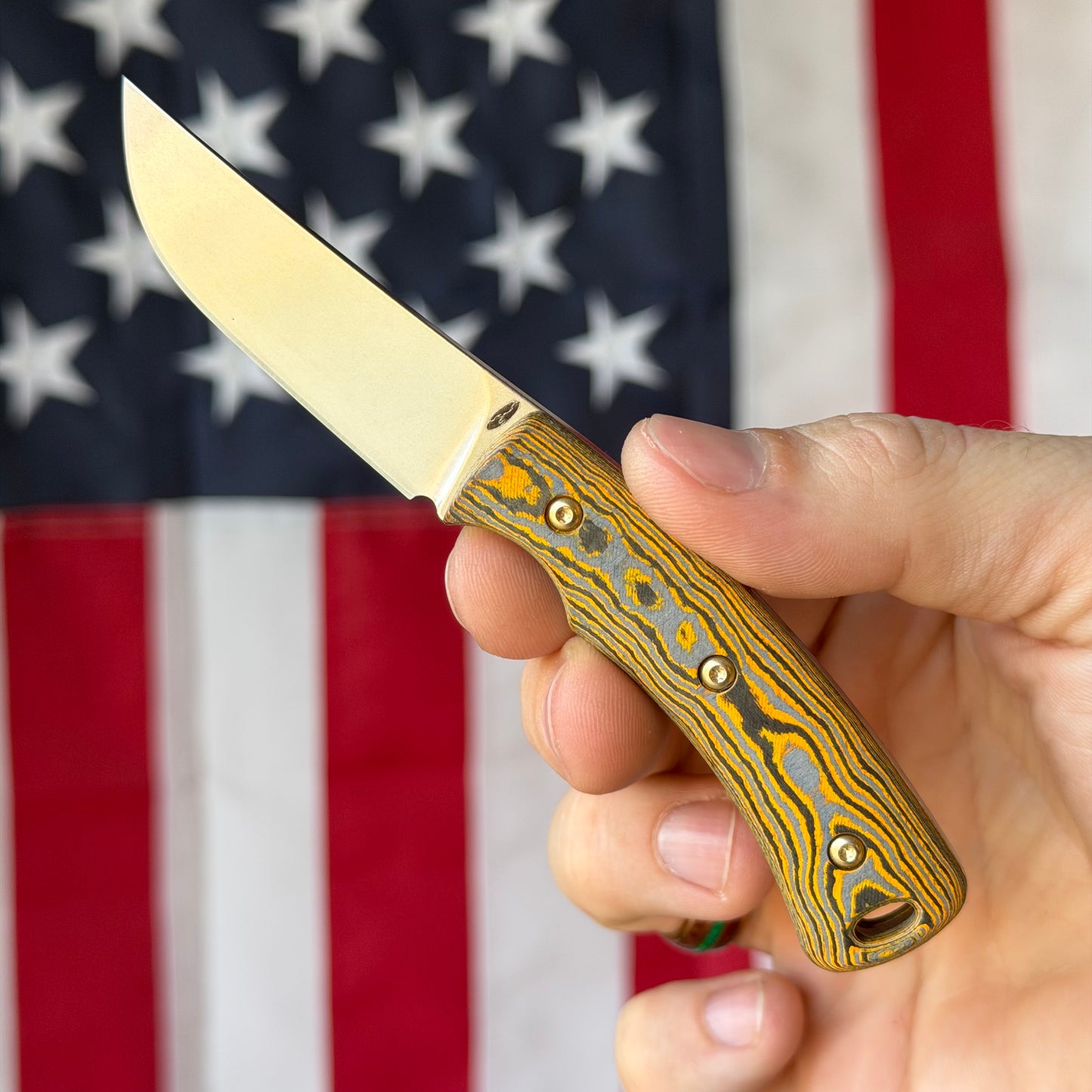 TRM TAGALONG Fixed Blade - CPM-MagnaCut, Neon Orange Camo Carbon, Leather Taco Sheath - Made in USA (DLR-TAG-CC-NEON)