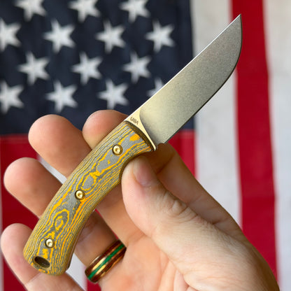 TRM TAGALONG Fixed Blade - CPM-MagnaCut, Neon Orange Camo Carbon, Leather Taco Sheath - Made in USA (DLR-TAG-CC-NEON)