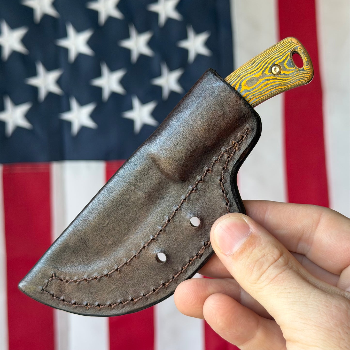 TRM TAGALONG Fixed Blade - CPM-MagnaCut, Neon Orange Camo Carbon, Leather Taco Sheath - Made in USA (DLR-TAG-CC-NEON)