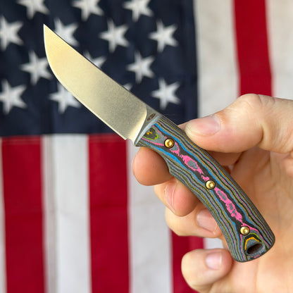TRM TAGALONG Fixed Blade - CPM-MagnaCut, 80's Camo Carbon, Leather Taco Sheath - Made in USA (DLR-TAG-CC-80S)
