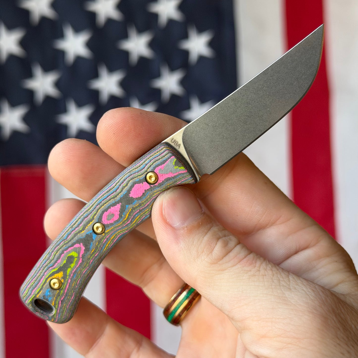 TRM TAGALONG Fixed Blade - CPM-MagnaCut, 80's Camo Carbon, Leather Taco Sheath - Made in USA (DLR-TAG-CC-80S)