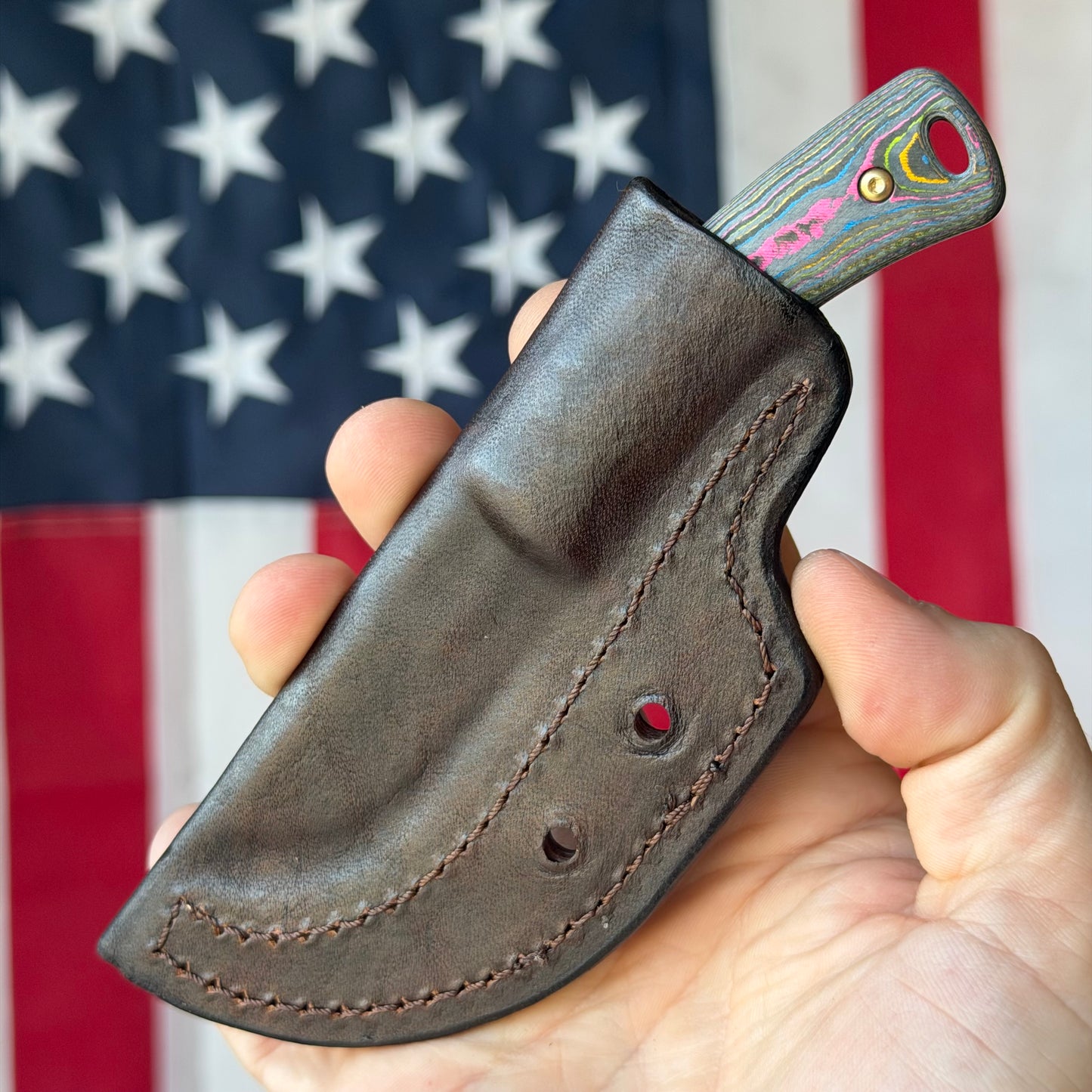 TRM TAGALONG Fixed Blade - CPM-MagnaCut, 80's Camo Carbon, Leather Taco Sheath - Made in USA (DLR-TAG-CC-80S)