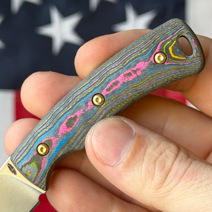 TRM TAGALONG Fixed Blade - CPM-MagnaCut, 80's Camo Carbon, Leather Taco Sheath - Made in USA (DLR-TAG-CC-80S)