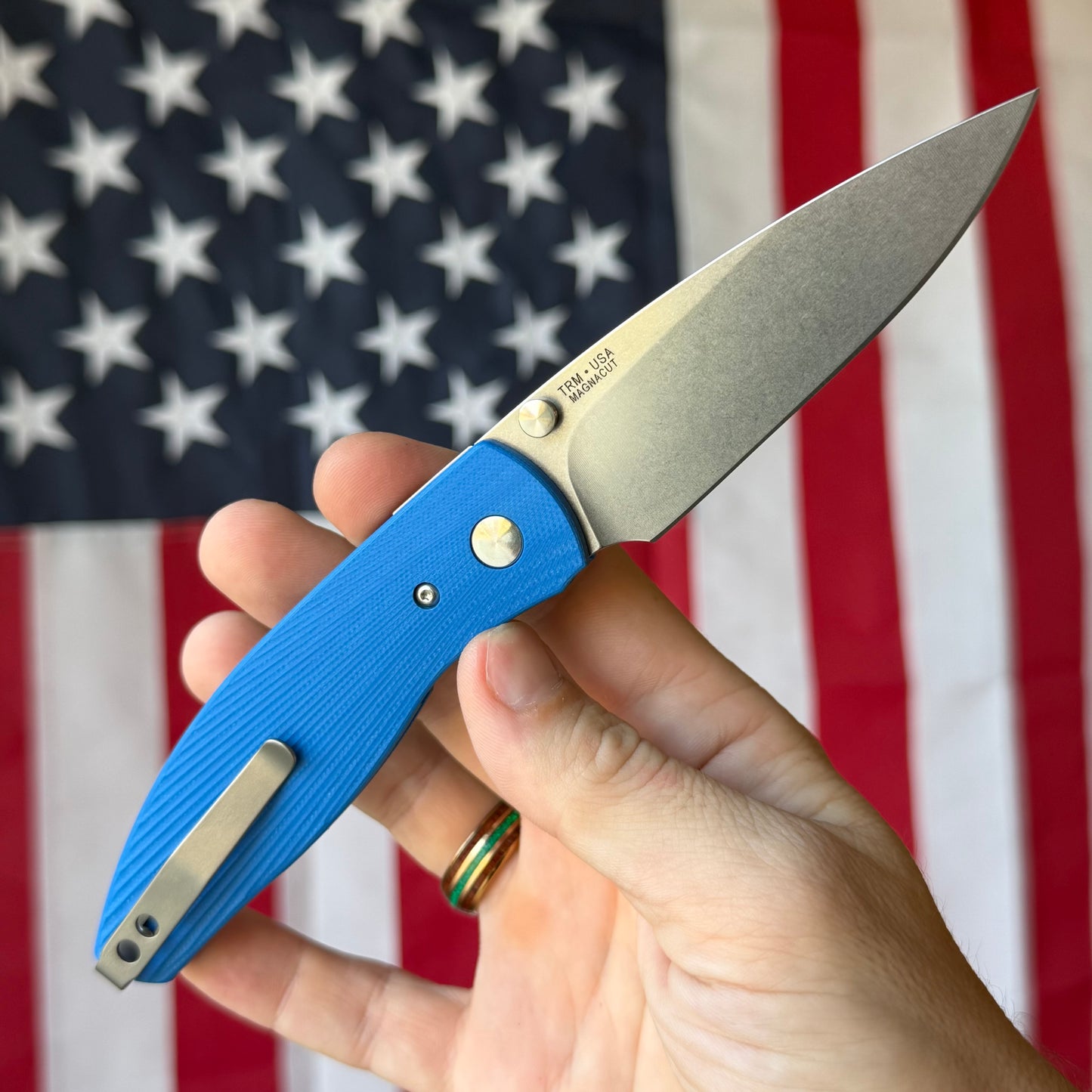 TRM ATOM Liner Lock - CPM-MagnaCut, Royal Blue G10 3D Sunburst, Titanium Liners - Made in USA (DLR-ATM-G10-SB-RB)