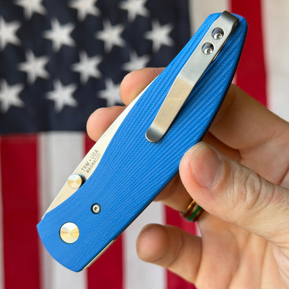 TRM ATOM Liner Lock - CPM-MagnaCut, Royal Blue G10 3D Sunburst, Titanium Liners - Made in USA (DLR-ATM-G10-SB-RB)