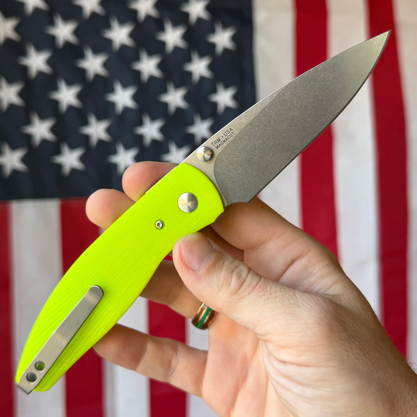 TRM ATOM Liner Lock - CPM-MagnaCut, Day Glo G10 3D Sunburst, Titanium Liners - Made in USA (DLR-ATM-G10-SB-DG)