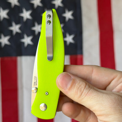 TRM ATOM Liner Lock - CPM-MagnaCut, Day Glo G10 3D Sunburst, Titanium Liners - Made in USA (DLR-ATM-G10-SB-DG)