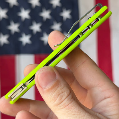 TRM ATOM Liner Lock - CPM-MagnaCut, Day Glo G10 3D Sunburst, Titanium Liners - Made in USA (DLR-ATM-G10-SB-DG)