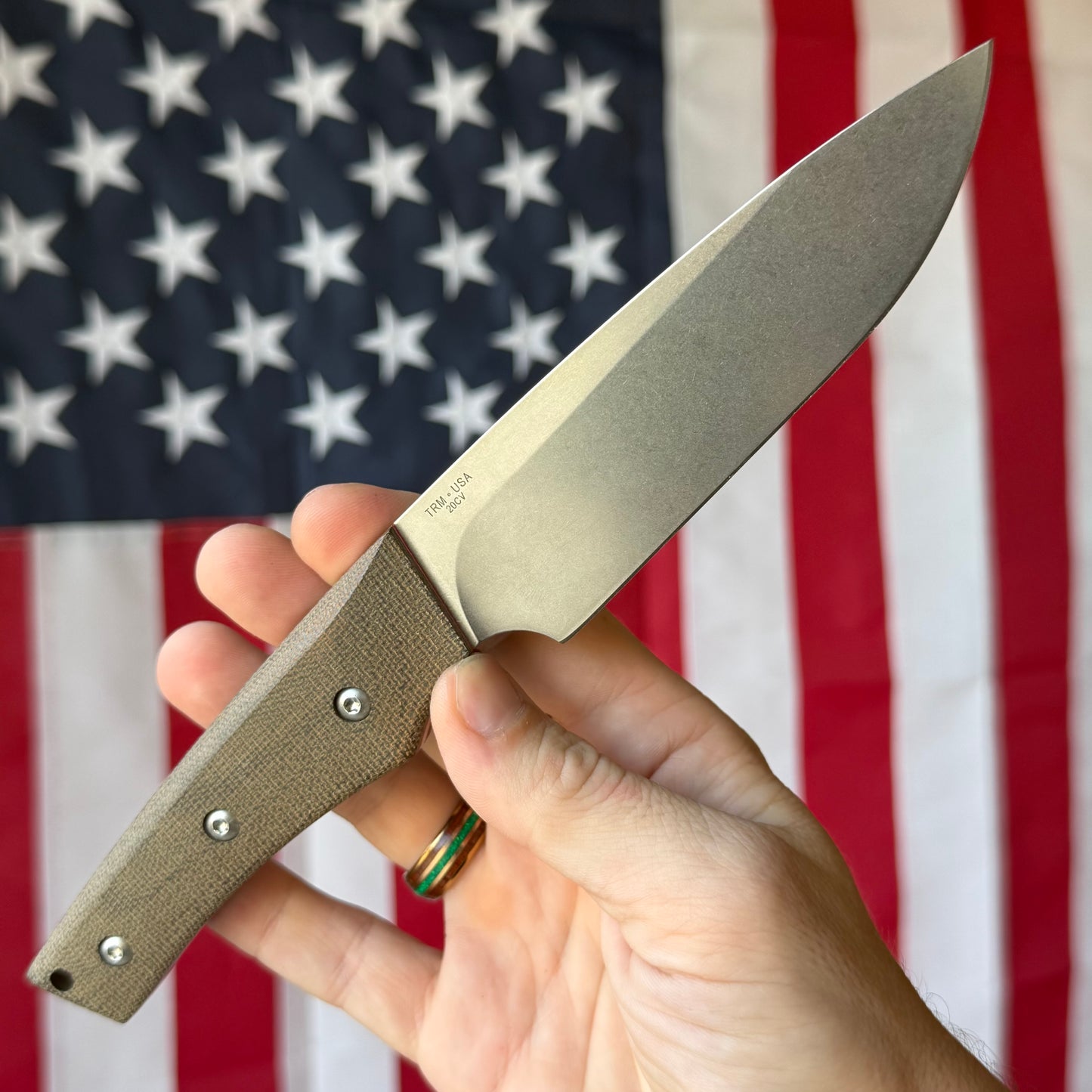 TRM RED LINE Fixed Blade - CPM-20CV, OD Green Micarta, Red Liners, Leather Sheath - Made in USA (DLR-RL-MIC)