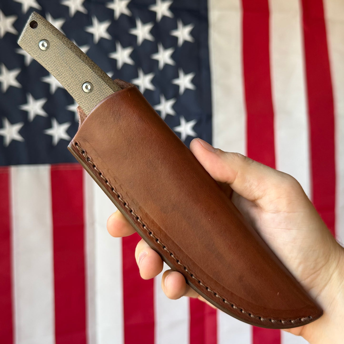 TRM RED LINE Fixed Blade - CPM-20CV, OD Green Micarta, Red Liners, Leather Sheath - Made in USA (DLR-RL-MIC)