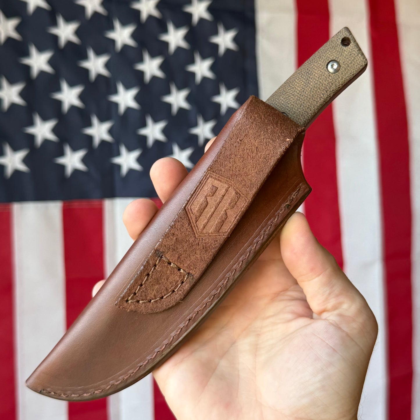 TRM RED LINE Fixed Blade - CPM-20CV, OD Green Micarta, Red Liners, Leather Sheath - Made in USA (DLR-RL-MIC)