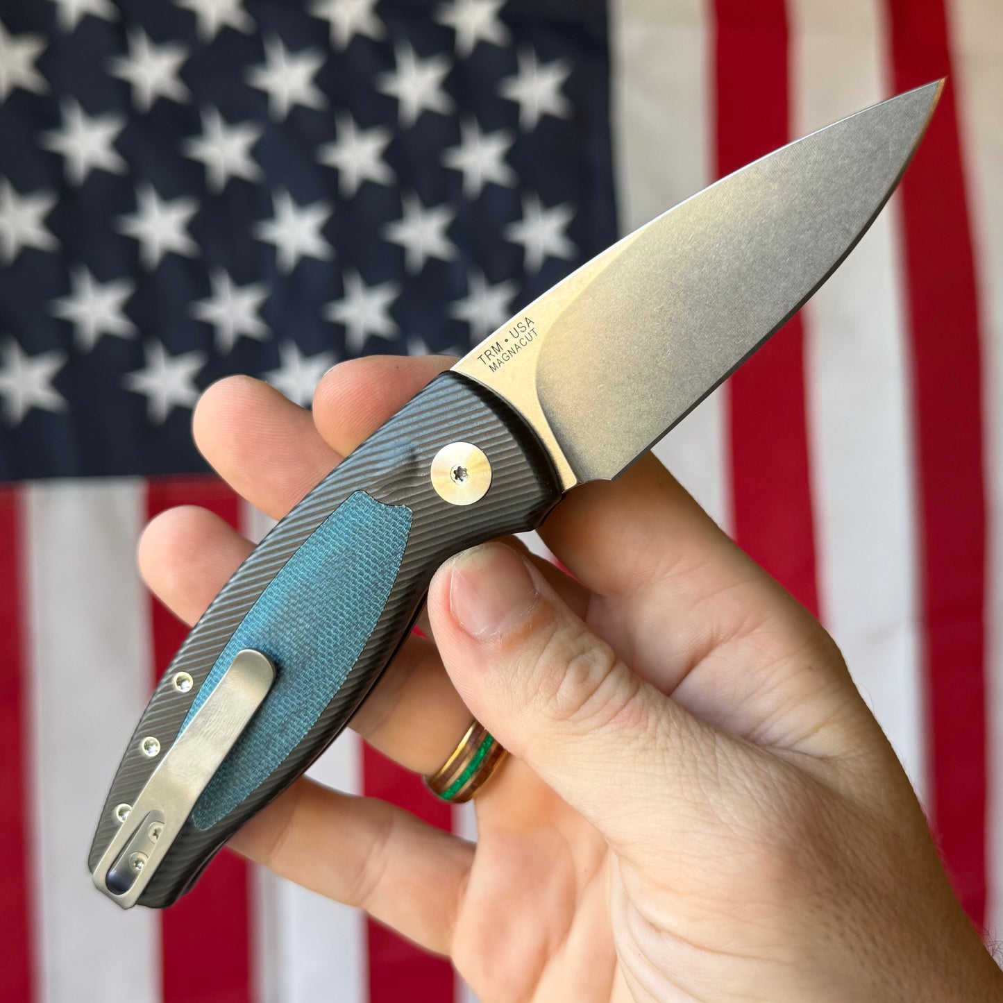 TRM PIT BULL Auto - CPM-MagnaCut, Blue Denim Micarta, Machined Aluminum, Push Button - Made in USA (DLR-PB-AL-MIC-DENIM)