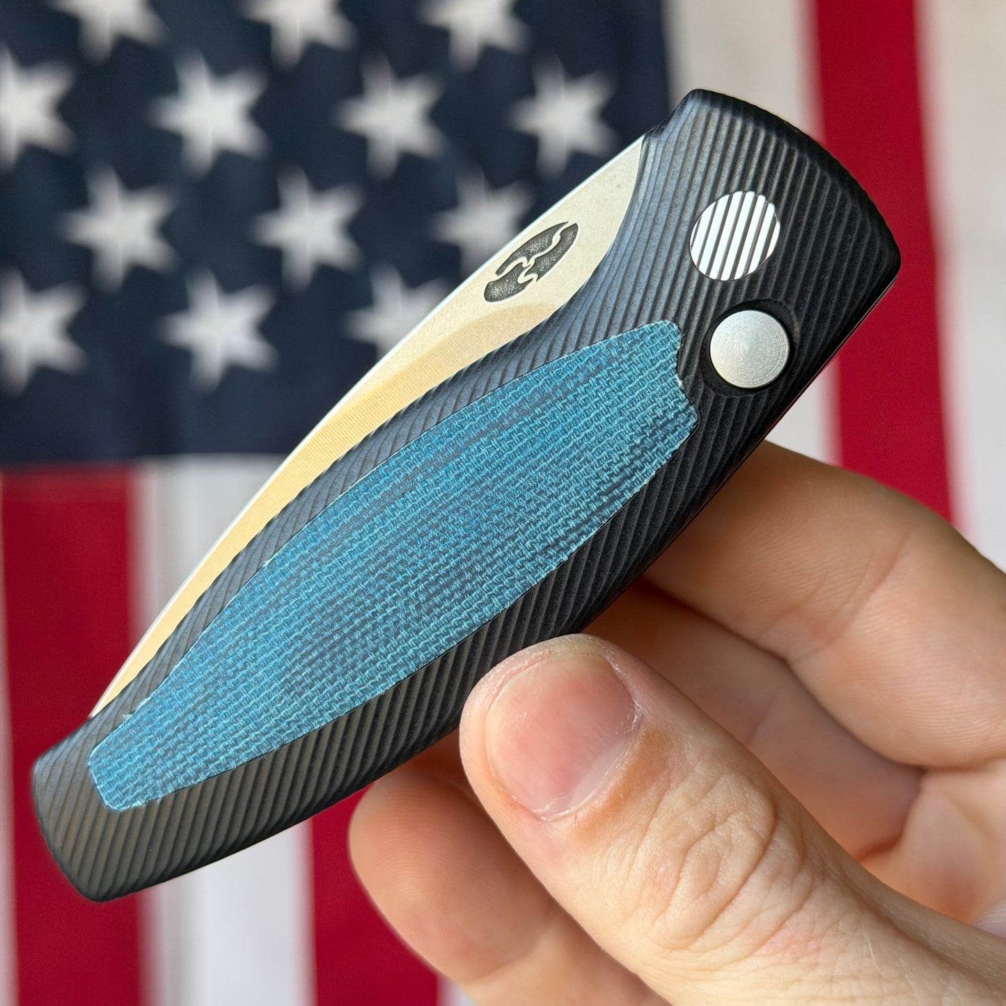 TRM PIT BULL Auto - CPM-MagnaCut, Blue Denim Micarta, Machined Aluminum, Push Button - Made in USA (DLR-PB-AL-MIC-DENIM)