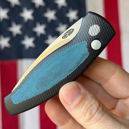 TRM PIT BULL Auto - CPM-MagnaCut, Blue Denim Micarta, Machined Aluminum, Push Button - Made in USA (DLR-PB-AL-MIC-DENIM)