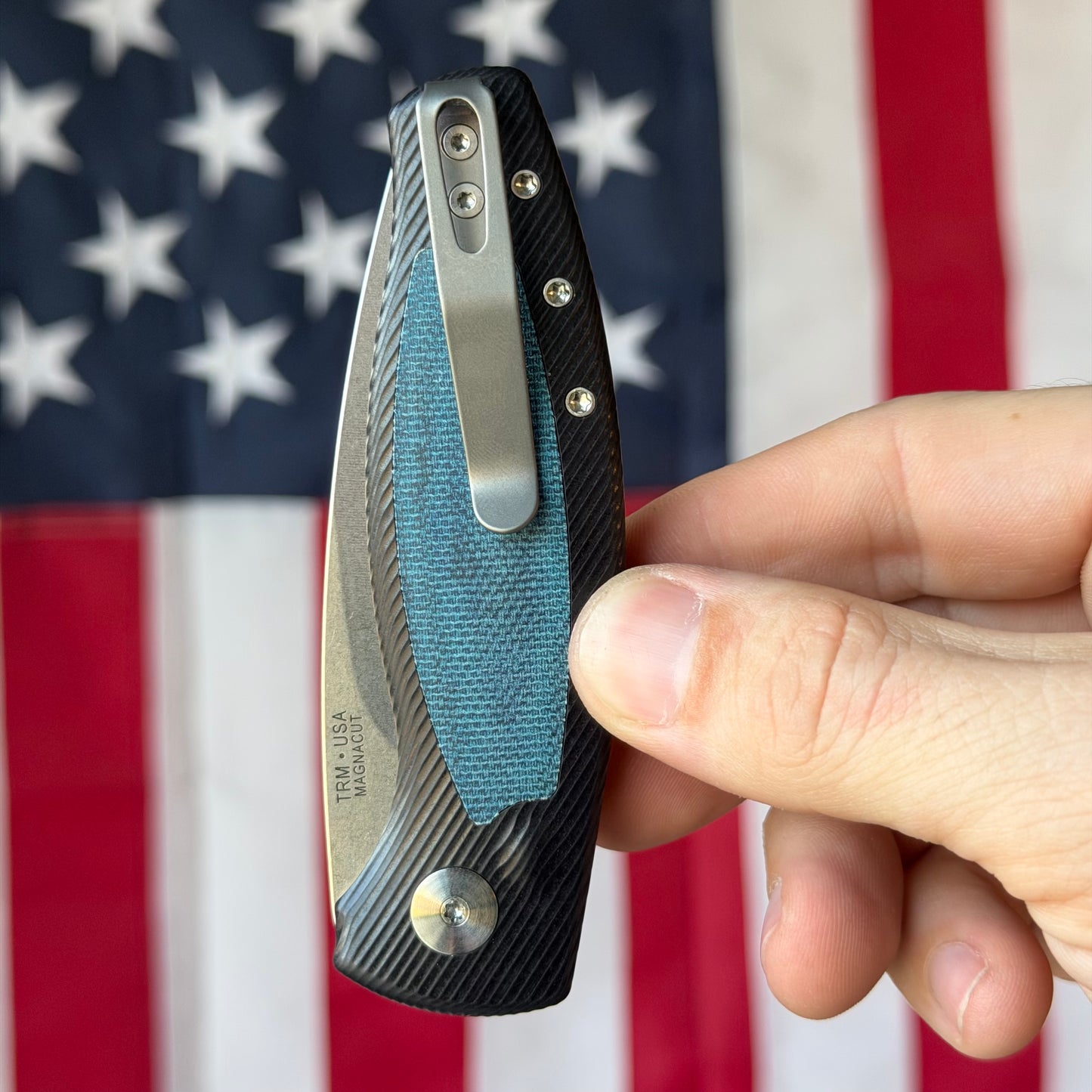 TRM PIT BULL Auto - CPM-MagnaCut, Blue Denim Micarta, Machined Aluminum, Push Button - Made in USA (DLR-PB-AL-MIC-DENIM)