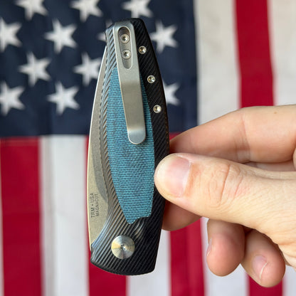 TRM PIT BULL Auto - CPM-MagnaCut, Blue Denim Micarta, Machined Aluminum, Push Button - Made in USA (DLR-PB-AL-MIC-DENIM)