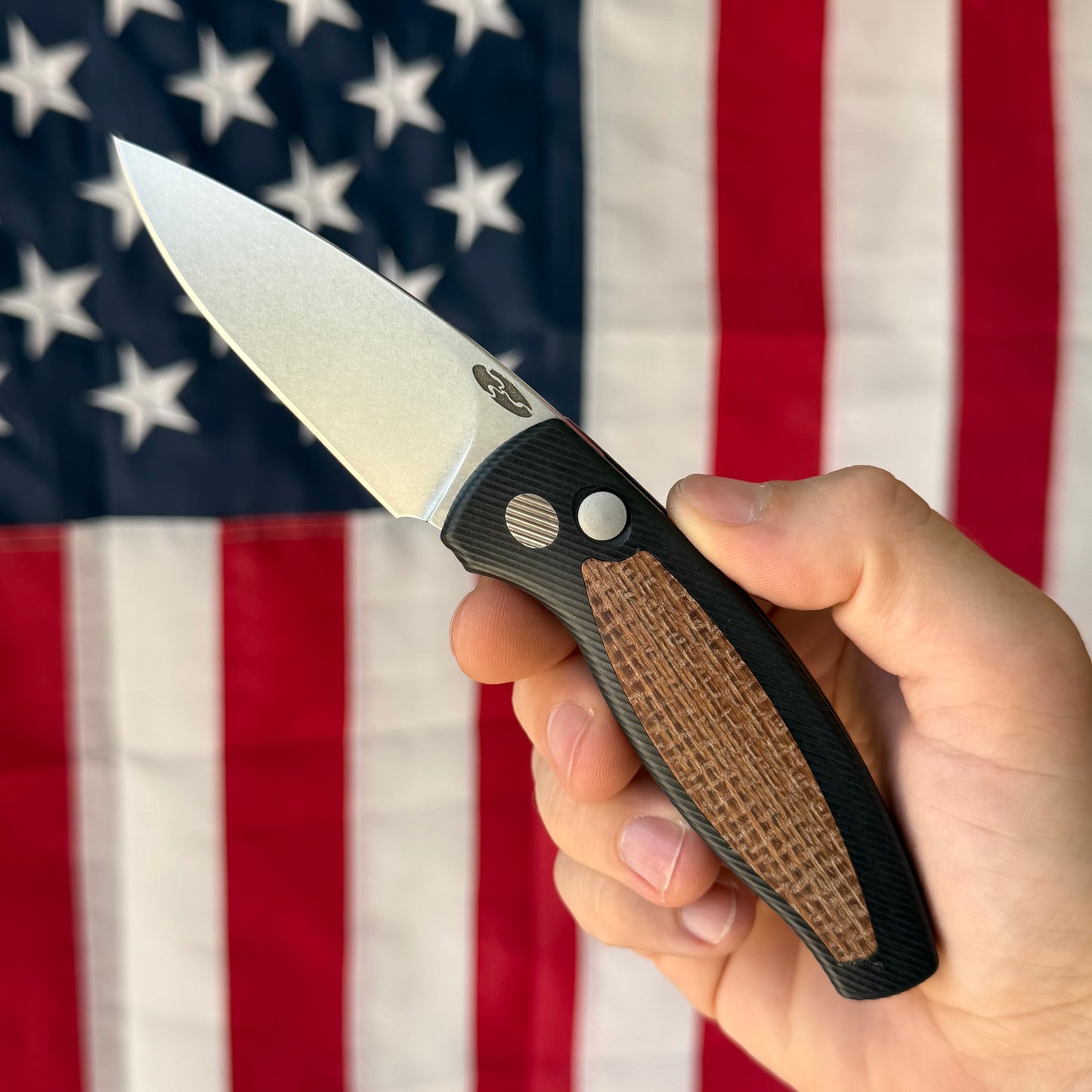 TRM PIT BULL Auto - CPM-MagnaCut, Burlap Micarta, Machined Aluminum, Push Button - Made in USA (DLR-PB-AL-MIC-BURLAP)