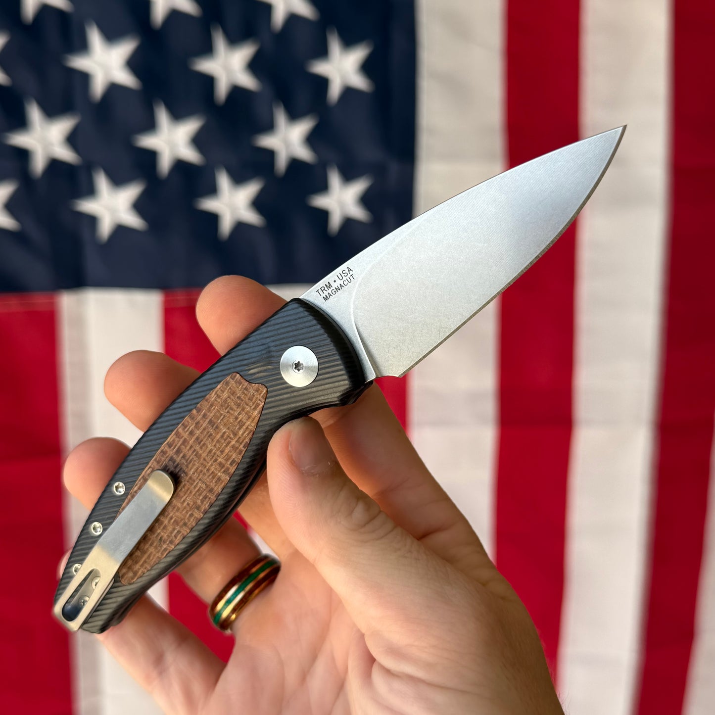 TRM PIT BULL Auto - CPM-MagnaCut, Burlap Micarta, Machined Aluminum, Push Button - Made in USA (DLR-PB-AL-MIC-BURLAP)