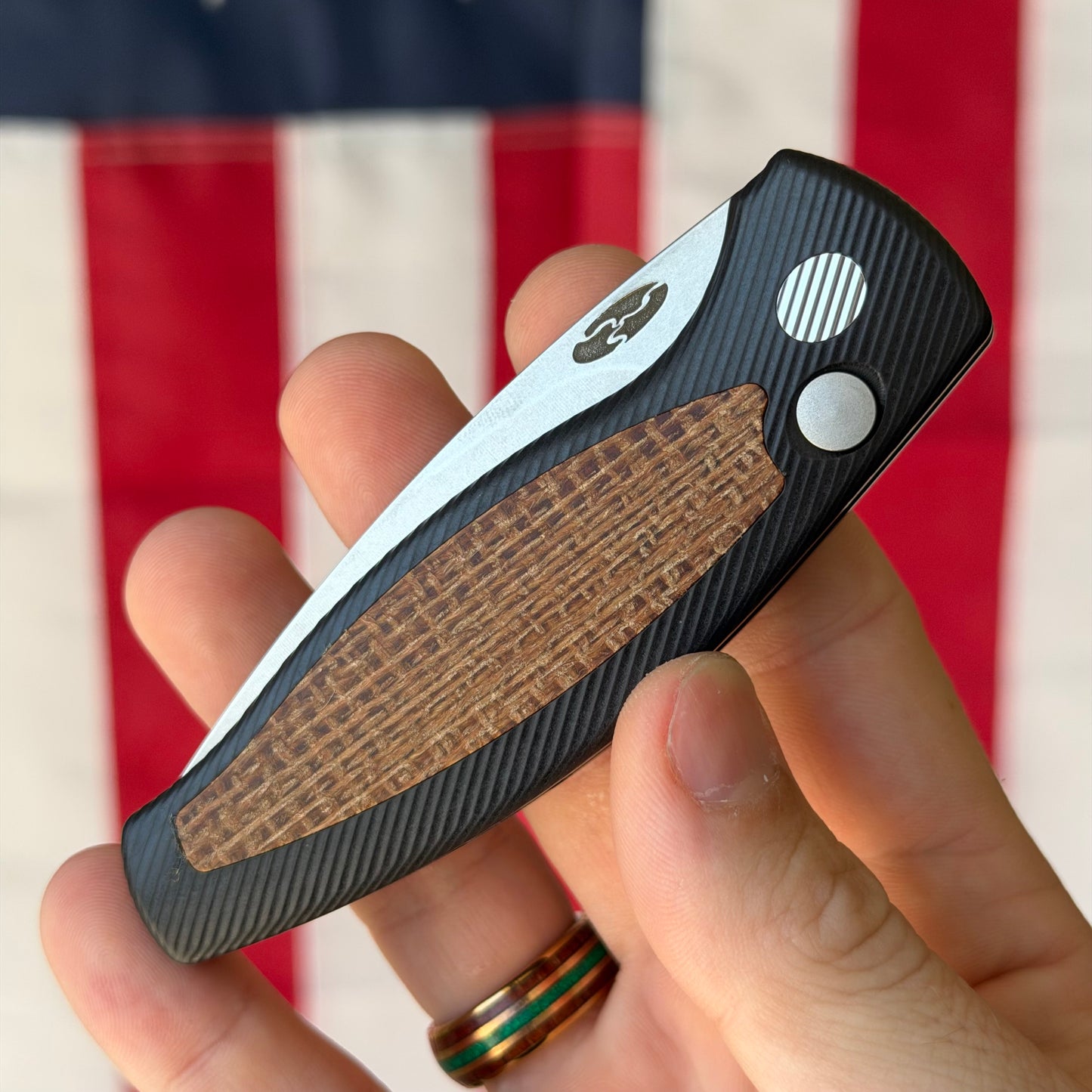 TRM PIT BULL Auto - CPM-MagnaCut, Burlap Micarta, Machined Aluminum, Push Button - Made in USA (DLR-PB-AL-MIC-BURLAP)