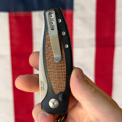 TRM PIT BULL Auto - CPM-MagnaCut, Burlap Micarta, Machined Aluminum, Push Button - Made in USA (DLR-PB-AL-MIC-BURLAP)