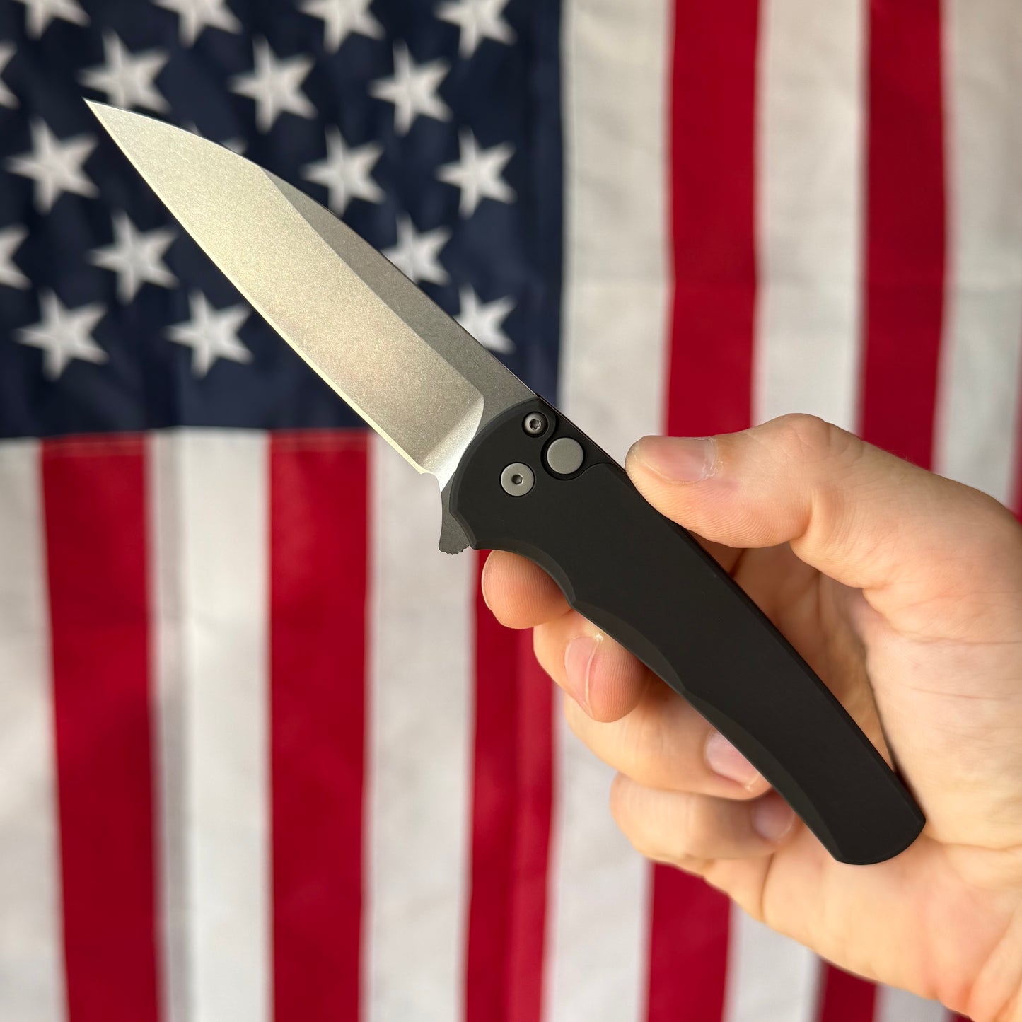 The Back Door: Malibu Black Aluminum, Stonewashed Magnacut Blade, Precision Button Lock Flipper – Made in USA (Demo)
