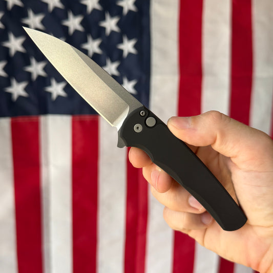 The Back Door: Malibu Black Aluminum, Stonewashed Magnacut Blade, Precision Button Lock Flipper – Made in USA (Demo)