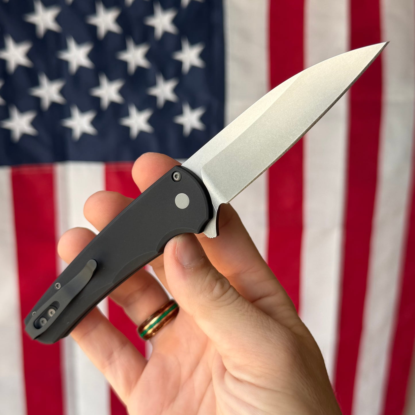 The Back Door: Malibu Black Aluminum, Stonewashed Magnacut Blade, Precision Button Lock Flipper – Made in USA (Demo)