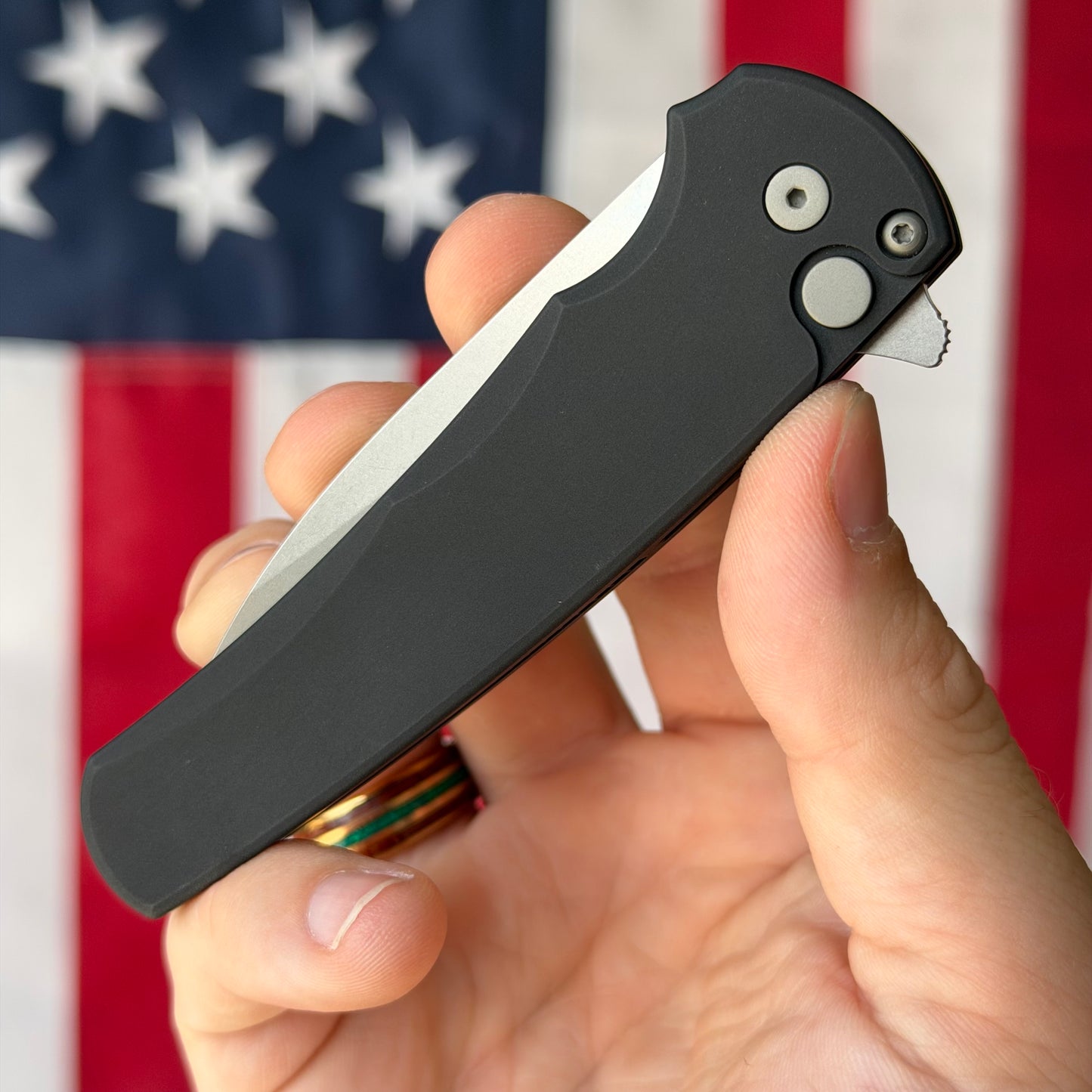 The Back Door: Malibu Black Aluminum, Stonewashed Magnacut Blade, Precision Button Lock Flipper – Made in USA (Demo)
