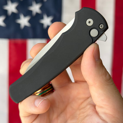 The Back Door: Malibu Black Aluminum, Stonewashed Magnacut Blade, Precision Button Lock Flipper – Made in USA (Demo)