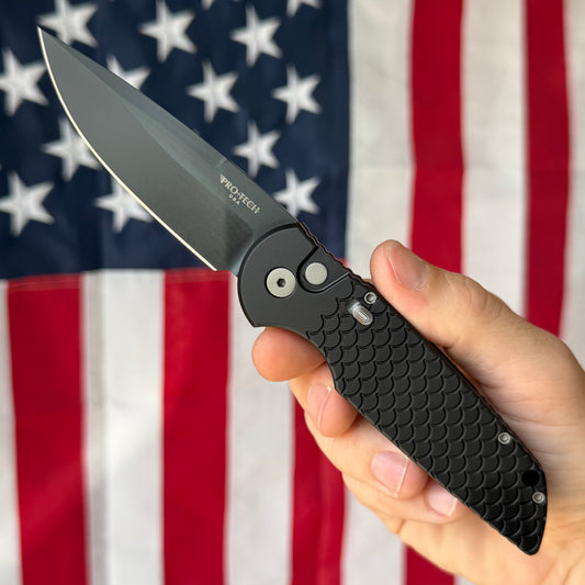 The Back Door: Pro-Tech TR-3 X1 Military Issue Black Fish Scale, 3.5 inch Black Clip Point Auto, Made in USA (Demo)