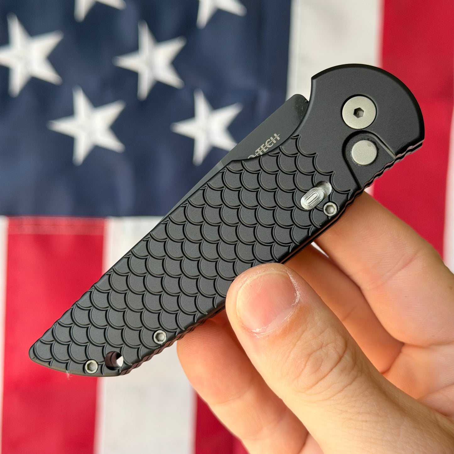 The Back Door: Pro-Tech TR-3 X1 Military Issue Black Fish Scale, 3.5 inch Black Clip Point Auto, Made in USA (Demo)