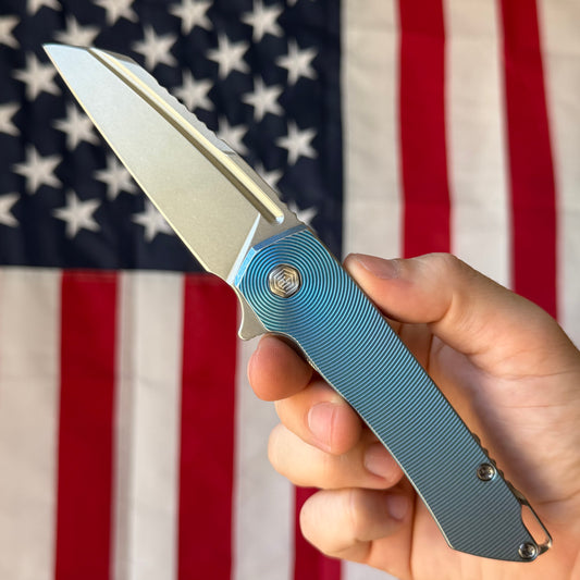 MachineWise Mojave Framelock Flipper - CPM-S90V Wharncliffe, Blue Titanium - Made in USA (Serial 1470)