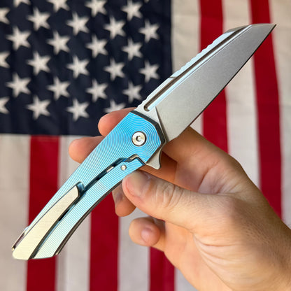MachineWise Mojave Framelock Flipper - CPM-S90V Wharncliffe, Blue Titanium - Made in USA (Serial 1470)