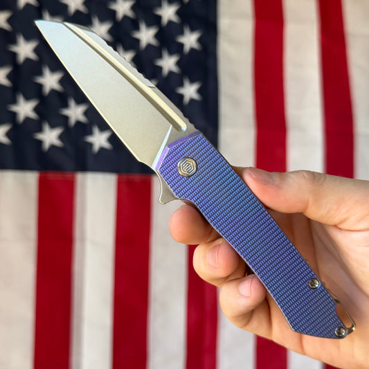 MachineWise Mojave Framelock Flipper - CPM-S90V Wharncliffe, Blue Titanium - Made in USA (Serial 1472)