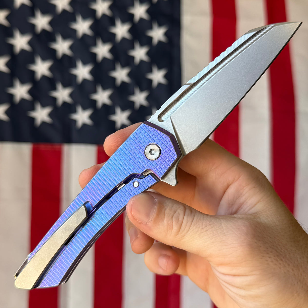 MachineWise Mojave Framelock Flipper - CPM-S90V Wharncliffe, Blue Titanium - Made in USA (Serial 1472)