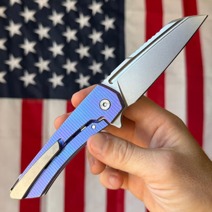 MachineWise Mojave Framelock Flipper - CPM-S90V Wharncliffe, Blue Titanium - Made in USA (Serial 1472)