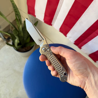 Microtech L.U.D.T. Marfione Select Frag 3.5” Tanto Automatic Knife, Stonewash Blade, Titanium Handle with Blue Accents – Made in USA (1136-10FRMS2)