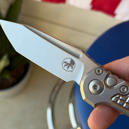 Microtech L.U.D.T. Marfione Select Frag 3.5” Tanto Automatic Knife, Stonewash Blade, Titanium Handle with Blue Accents – Made in USA (1136-10FRMS2)