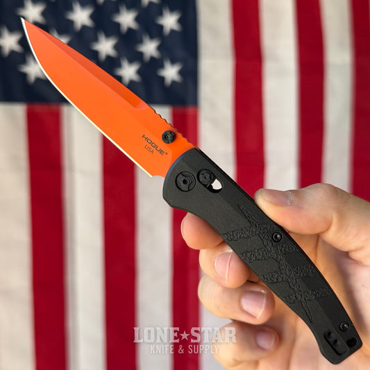 Hogue Mysto Manual Folder – 3.4" Orange Cerakote MagnaCut, Black Diamond Richlite, ABLE Lock – Made in USA (24414)