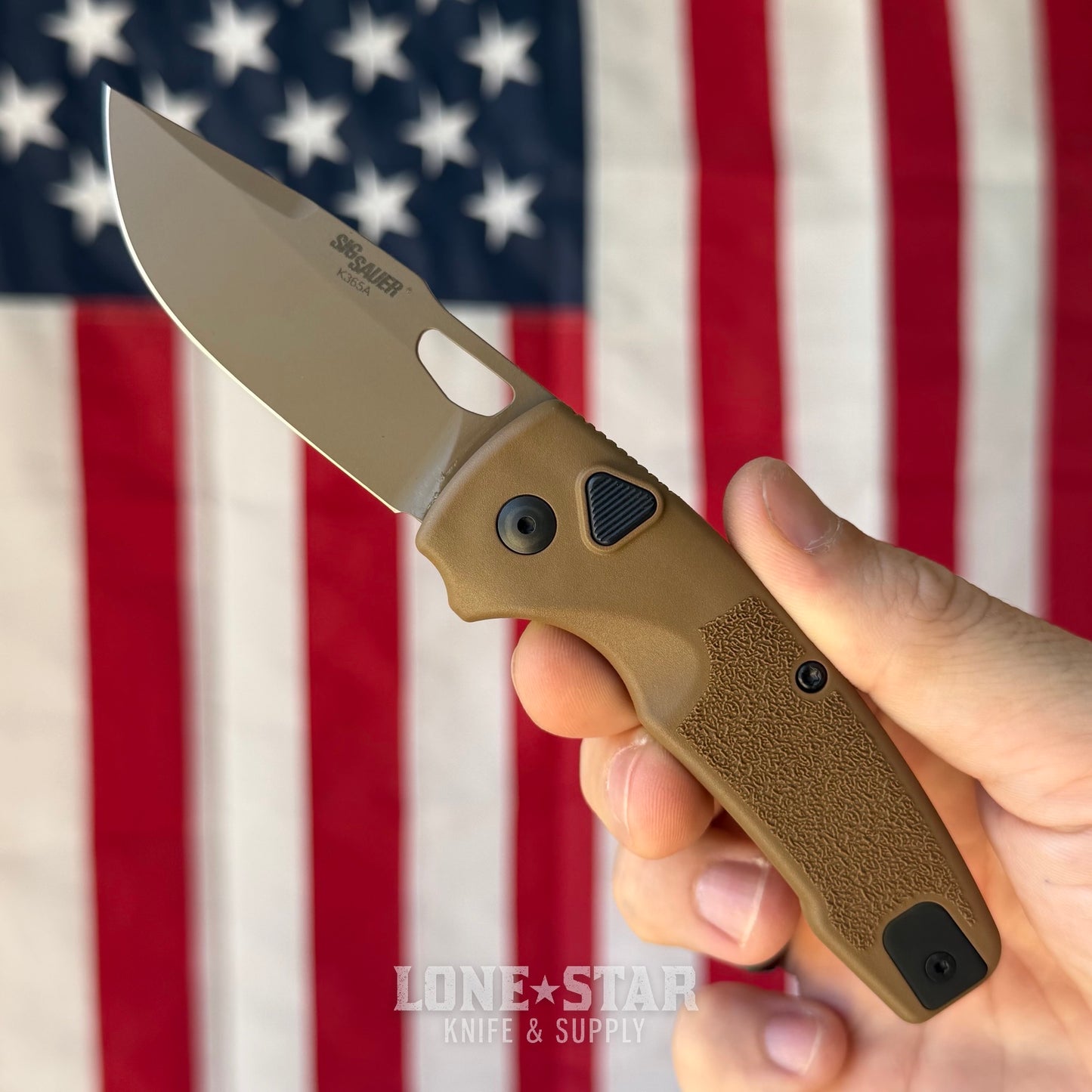 Hogue SIG K365A Auto Knife – 2.75” MagnaCut Blade, Coyote Polymer Handle, Button Lock – Made in USA (16331)