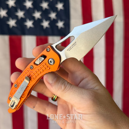 Microtech M-Stitch Ram-Lok Knife – 3" M390MK Blade, Stonewash, Orange Frag Aluminum – Made in USA (169MRL-10FROR)
