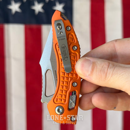 Microtech M-Stitch Ram-Lok Knife – 3" M390MK Blade, Stonewash, Orange Frag Aluminum – Made in USA (169MRL-10FROR)