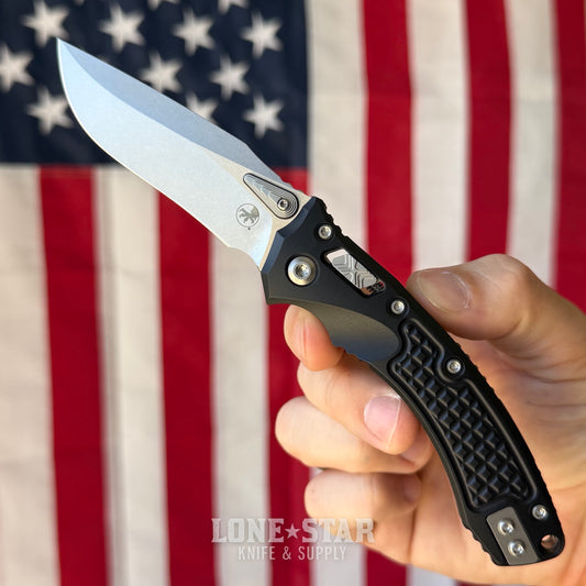 Microtech Amphibian Mini Ram-Lok Knife – 3.25" M390MK Blade, Black Frag Aluminum, Stonewash – Made in USA (137MRL-10FR)