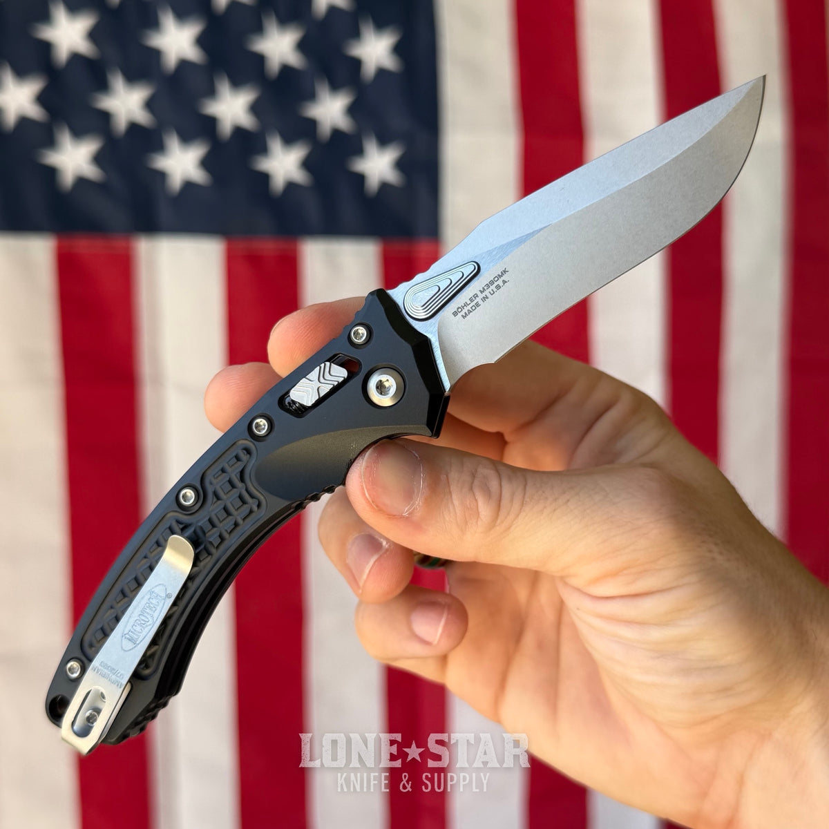 Microtech Amphibian Mini Ram-Lok Knife – 3.25" M390MK Blade, Black Frag Aluminum, Stonewash – Made in USA (137MRL-10FR)