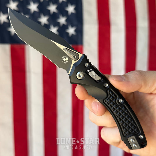 Microtech Amphibian Mini Ram-Lok Knife – 3.38" M390 Blade, Two-Tone, Black Frag Aluminum – Made in USA (137MRL-1FR)