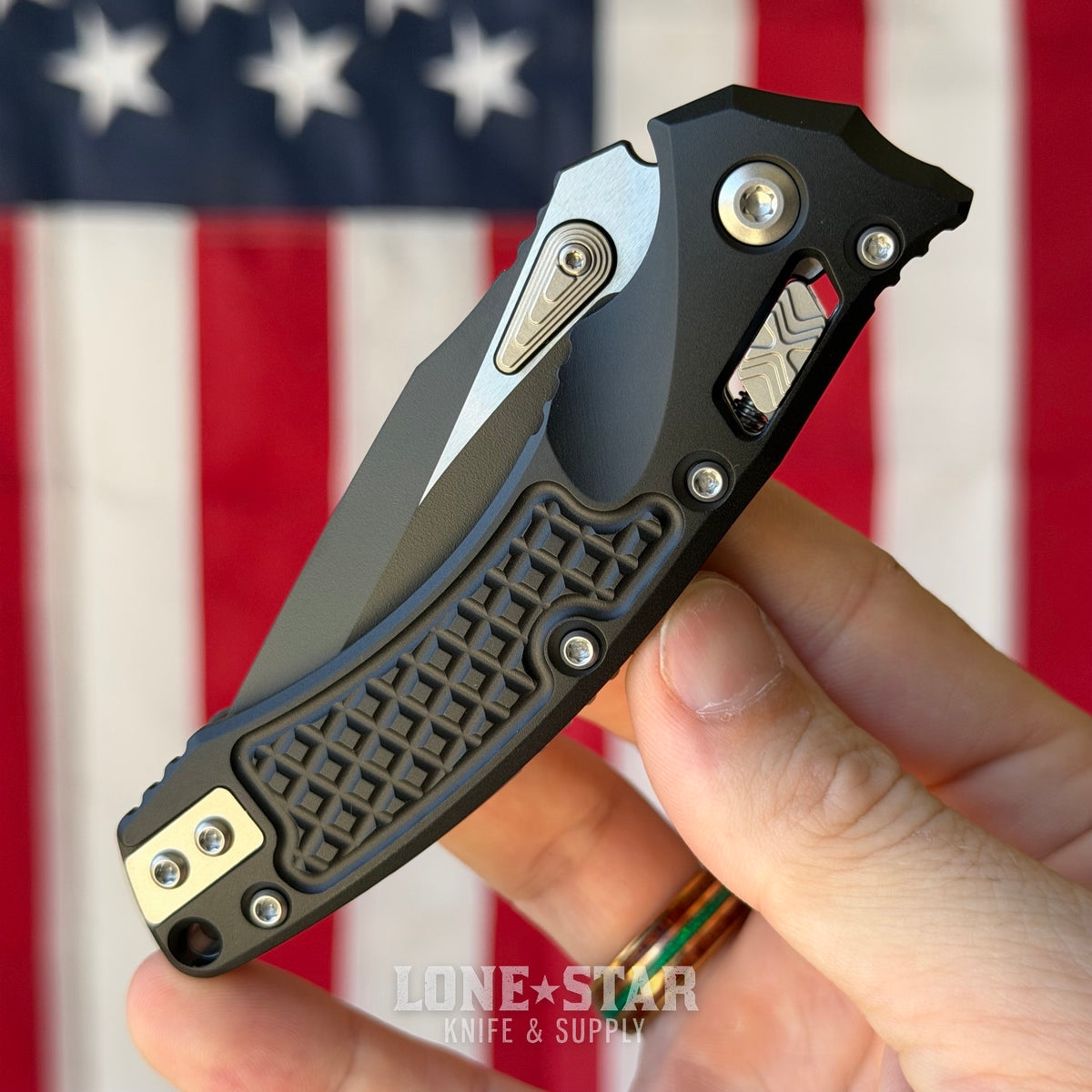 Microtech Amphibian Mini Ram-Lok Knife – 3.38" M390 Blade, Two-Tone, Black Frag Aluminum – Made in USA (137MRL-1FR)
